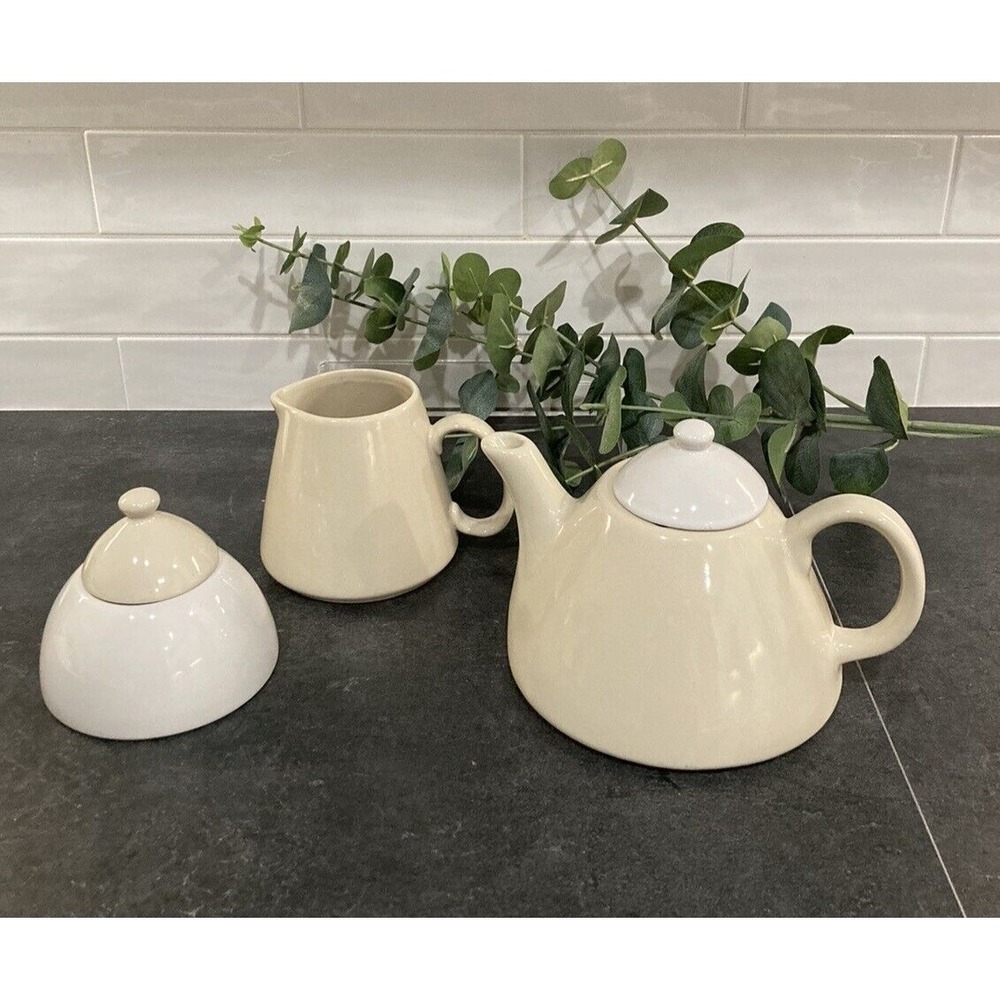 Pier 1 China Ceramic Tea Set Teapot Creamer Sugar Bowl Two Tone Cream White